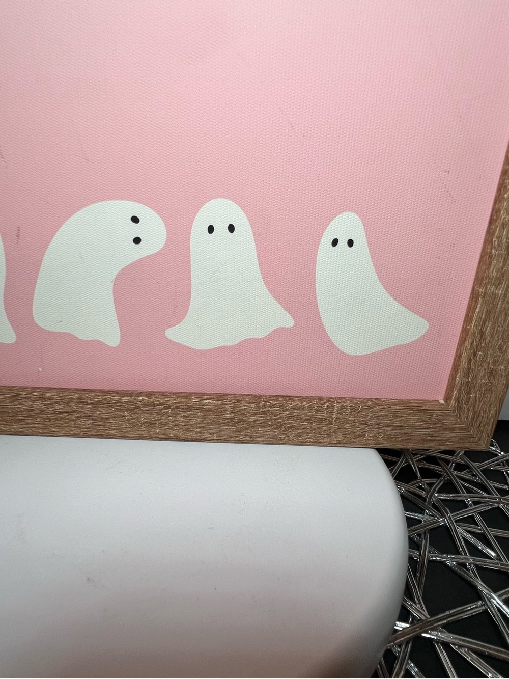 Halloween Cute White Ghosts Wooden Box Decor Sign Pink Background - Picture 3 of 7